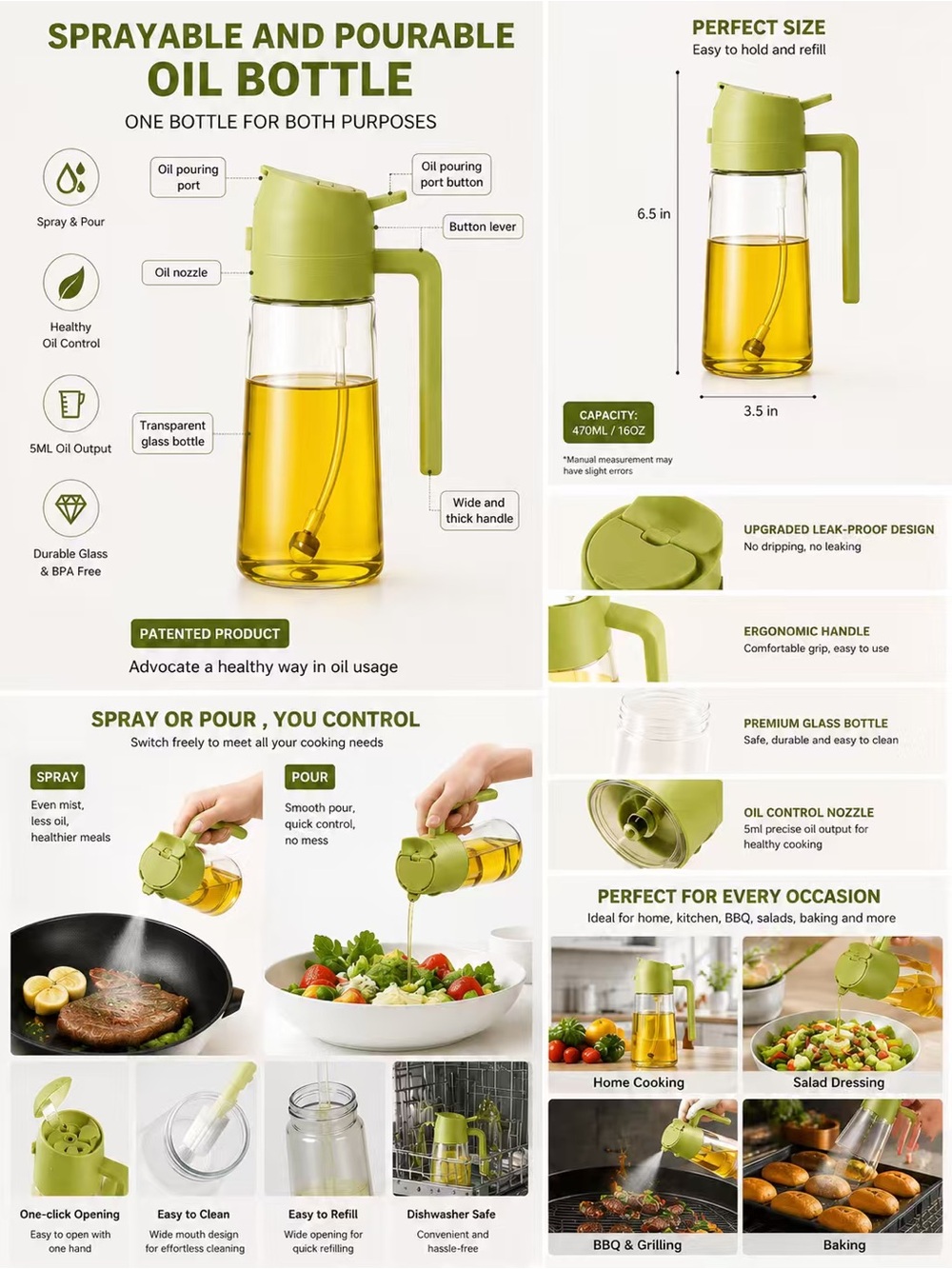 Healthy Oil Spray & Pour Bottle - Green -